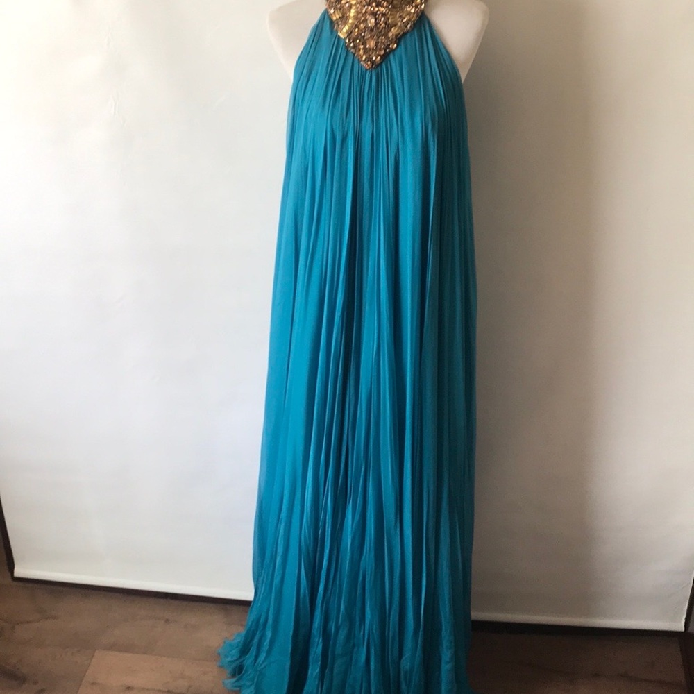 ALEXANDER MCQUEEN Dress NWT Turquoise Chiffon w/Bronze Swarovski Size 42 US 8-10 - Picture 3 of 17